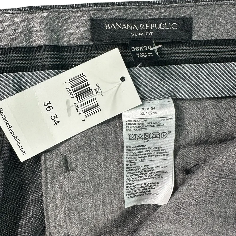 Banana Republic Performance Wool Dress‎ Pants Mens 36x34 Slim Fit Gray NEW